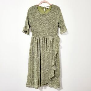 Orange Creek Smocked Top Faux Wrap Green Ditzy Floral Midi Dress Medium